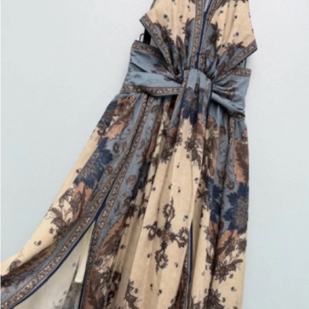 Zimmermann Retro Halter Neck Deep V Backless Linen Print Maxi Dress - Picture 8 of 9